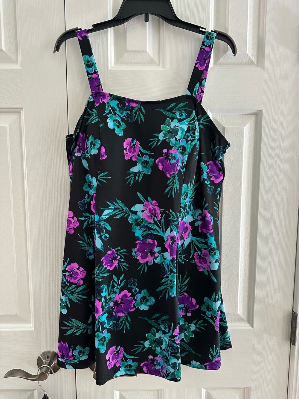 Floral Princess Seam One-Piece Swimsuit Swim Dress in Black with Teal & Purple